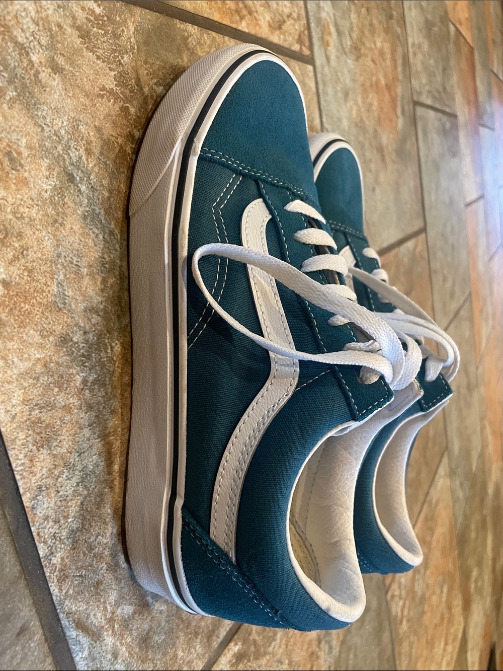 Teal and White Low-Top Vans Skate Sneakers